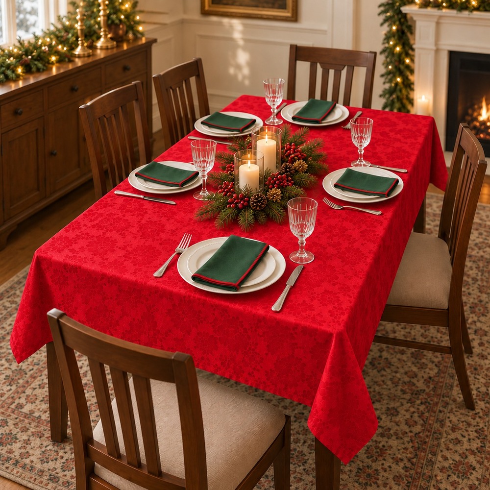 Christmas Tablecloth 81x52 Red Floral Jacquard with 5 Green Cloth Napkins